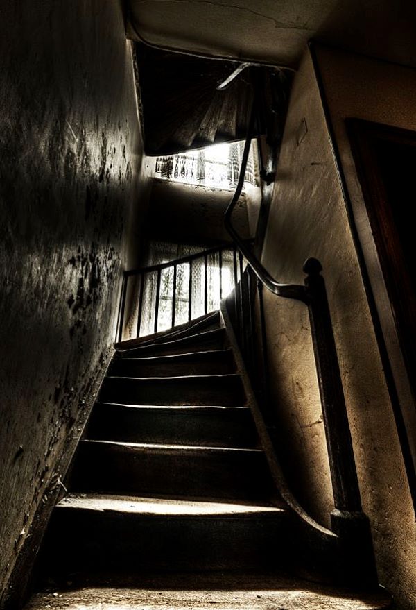 A spooky shadow-filled staircase