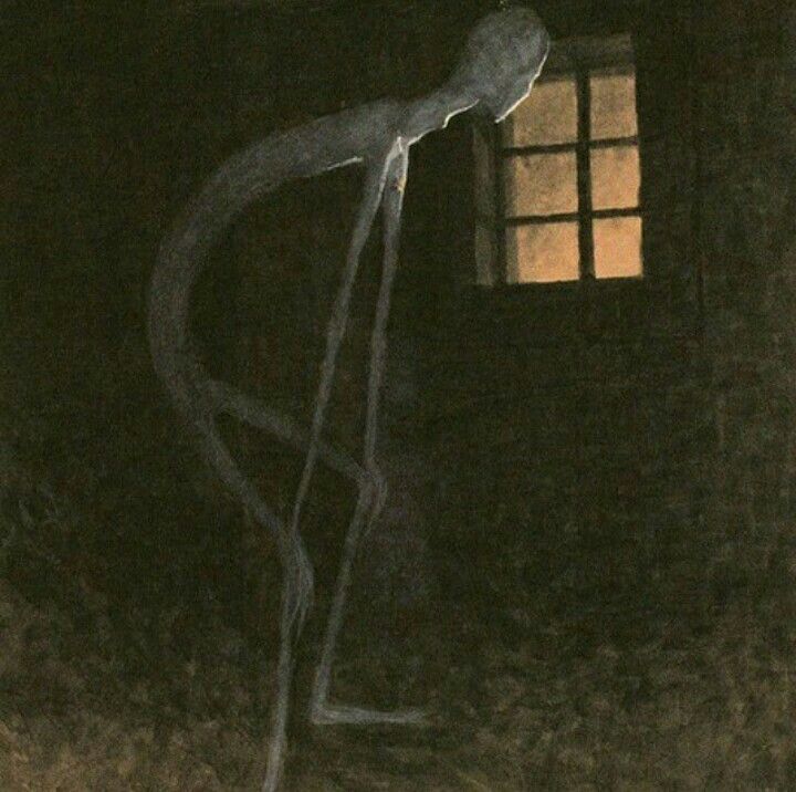 A tall monster looking into a window